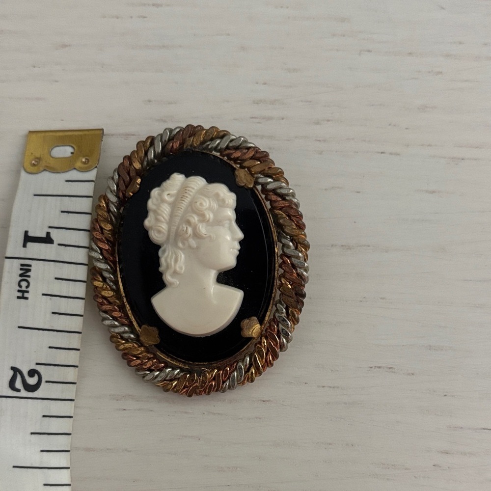 Vintage-Inspired Black and Ivory Cameo Brooch with Tri-Tone Rope Frame
